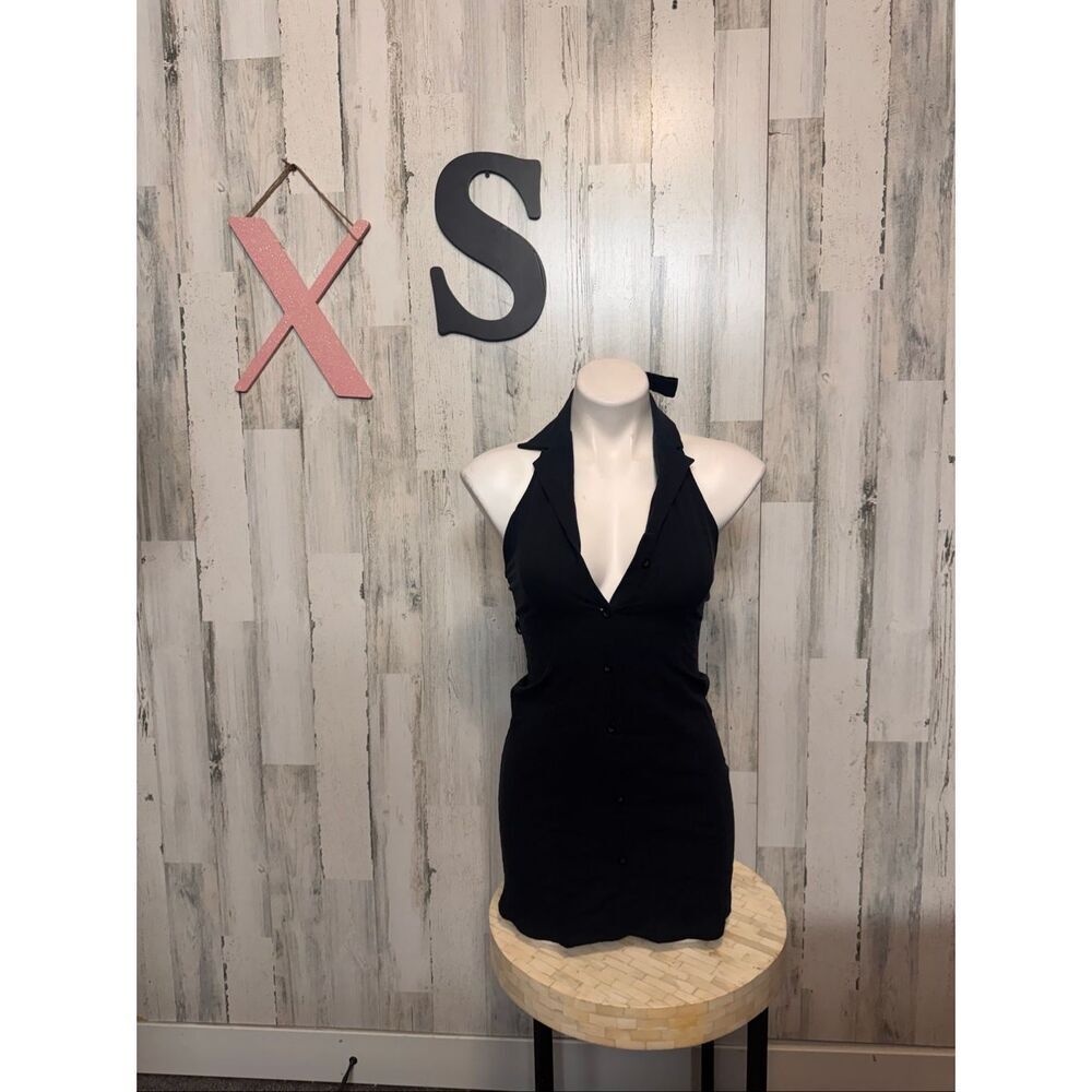 Black Button-Down Collared Halter Neck Bodycon Mini Dress Women's XS